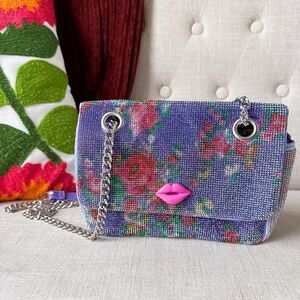 Betsey Johnson Rhinestone Convertible Periwinkle Floral Crossbody Handbag